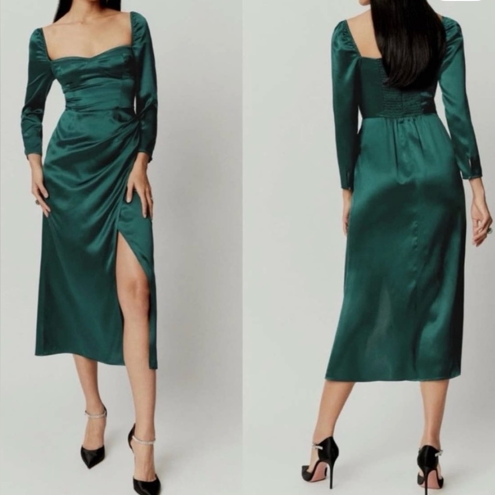Reformation Green Gloriana Silk Long Sleeve Midi Bustier Dress Size 0 Side Slit